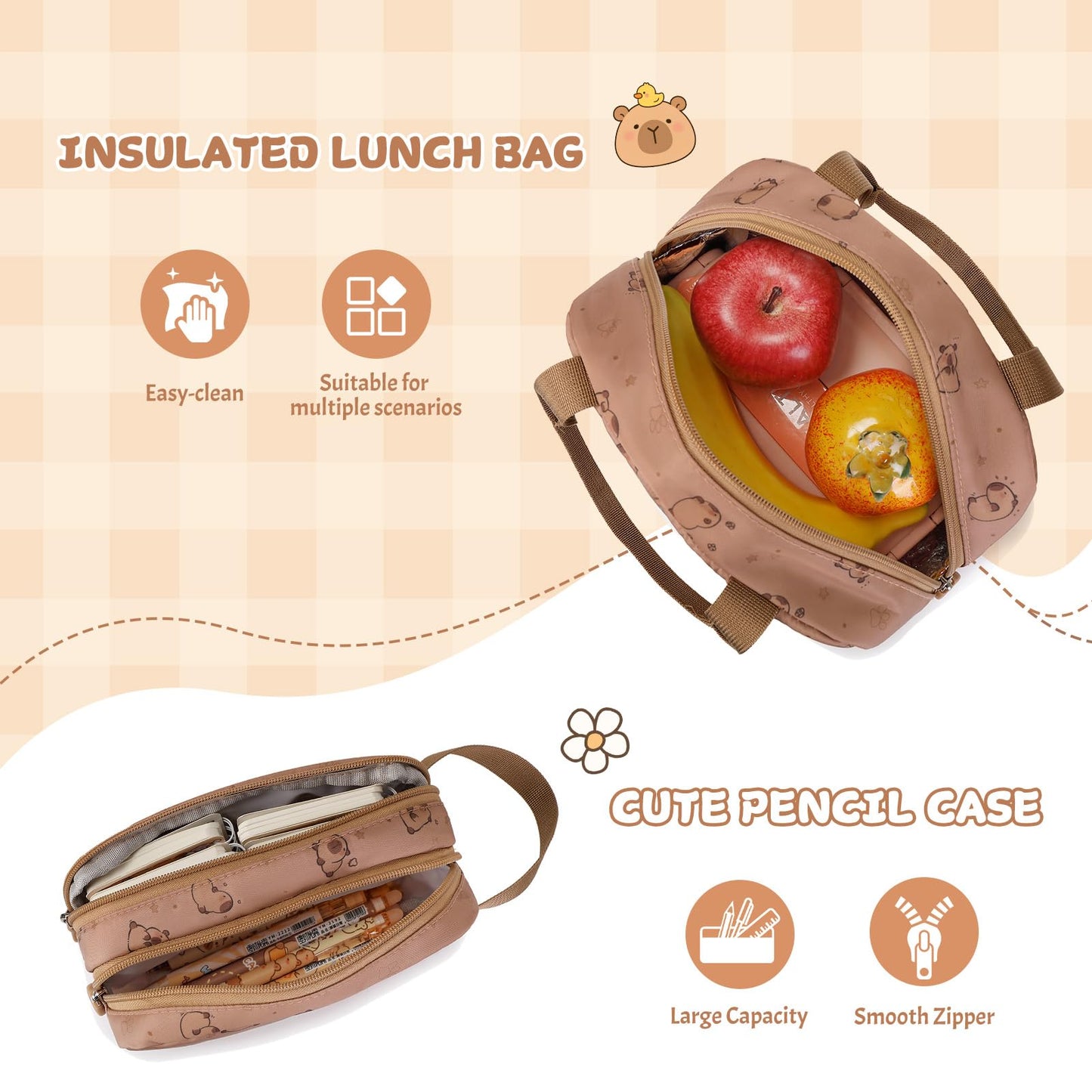 Similove Capybara Theme Backpack for School Girls, 35PCS Kids Backpack Set with School Supplies Stationery Kit Lunch Box Pencil Case, Cute Girls Bookbag for Kindergarten Elementary Student