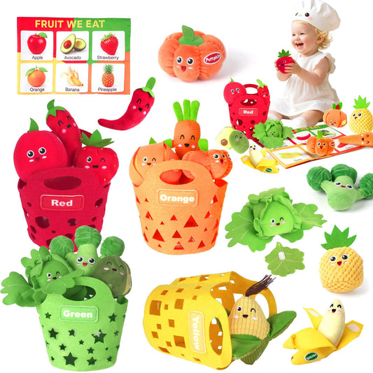 WOWOHAGE Baby Color Sorting Sensory Toys for 6-12 Months - 17 PCS Fruit Veggie Pretend Play Food Plush Toy for Toddlers 1-3, Montessori Toys for 1 Yeal Old, Boy Girl Birthday Gift Basket Stuffers