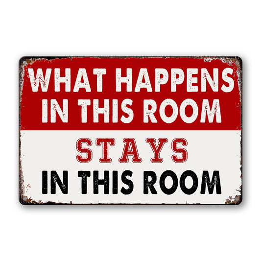 Room Signs Man Cave Wall Decor For Men Funny Metal Tin Bedroom Sign What Happens In This Room Stays In This Room Signs Vintage Dorm Door Decorations For Guys Mens Room Accessories And Signs Women Gift 8 X 12 In