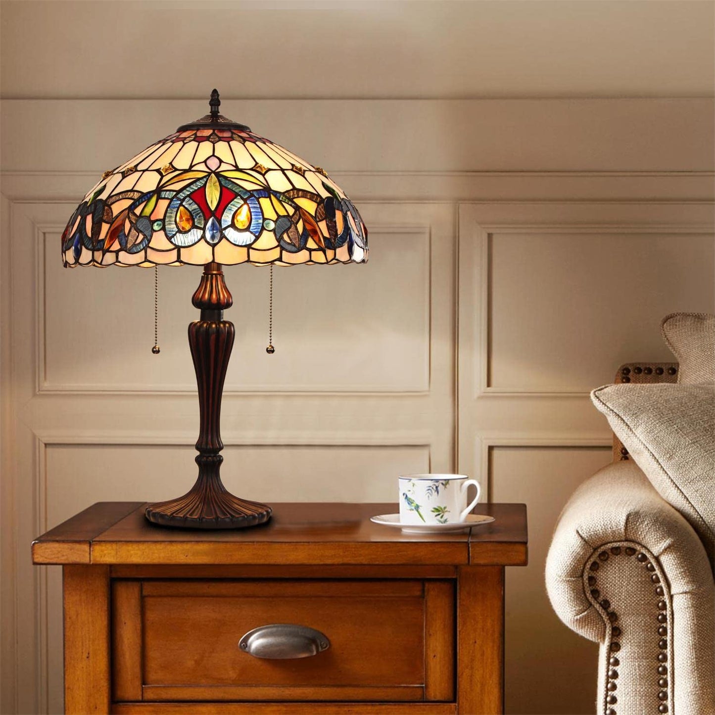 Chloe Lighting Tiffany-Style Table Lamp, Multicolor Glass, 16in  Wide, Model CH3T353BV16-TL2, Dark Bronze Finish