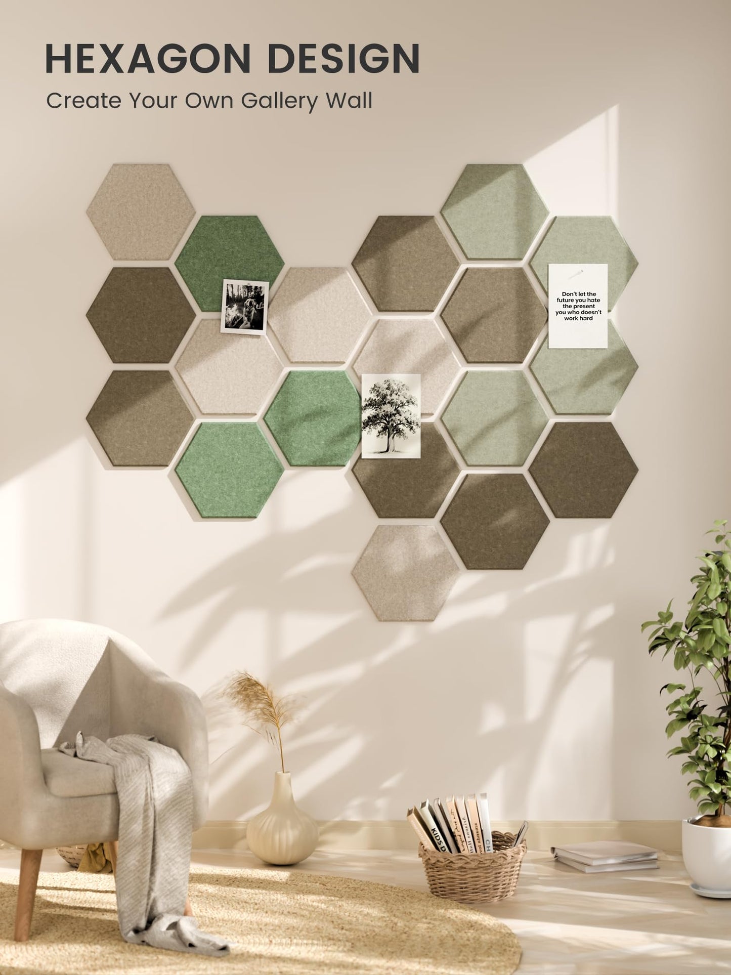 Fluxynara Hexagon Cork Board Alternative for Walls Decor-10-Pack Felt Bulletin Board Tiles,with 30 Pushpins,50 Adhesive Tabs for Office,Classrooms & Home Pin Board Felt Board-Moss Haven
