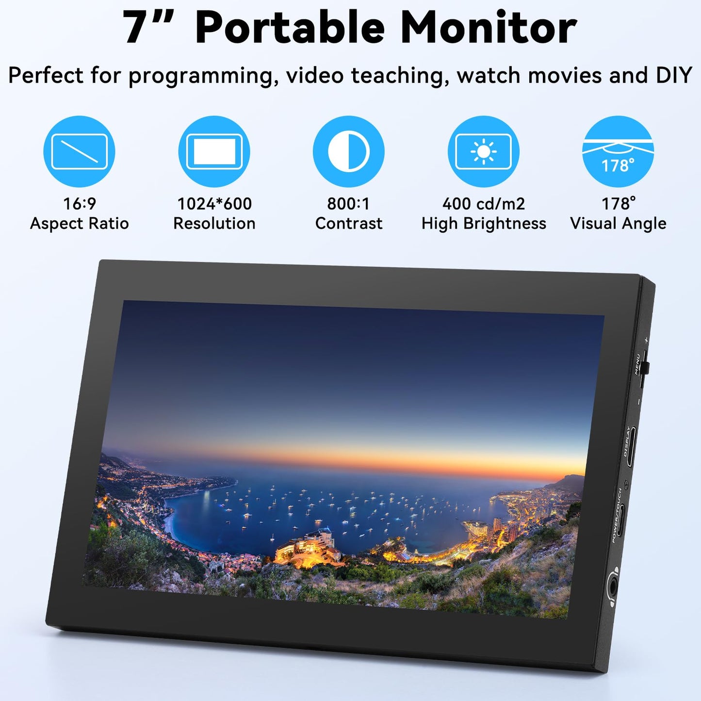 Ransanx 7 Inch Mini Monitor Small Monitor with Capacitive Touch Screen 1024 * 600 High Pixel Display Full View HDMI- IPS Monitors Portable for Raspberry Piscreen 、for BB Black、for Banana Pi etc
