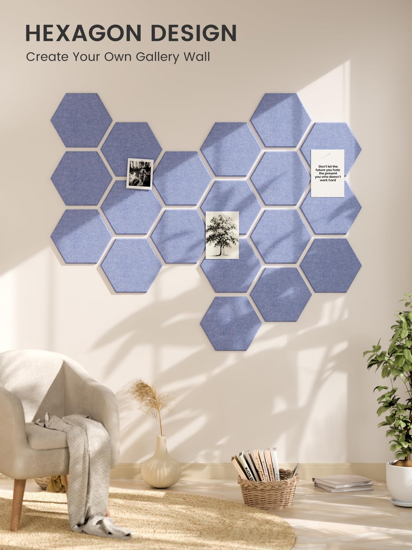 Fluxynara Hexagon Cork Board Alternative for Walls Decor-8-Pack Felt Bulletin Board Tiles,with 30 Pushpins,50 Adhesive Tabs for Office,Classrooms & Home Pin Board Felt Board-Soft Periwinkle