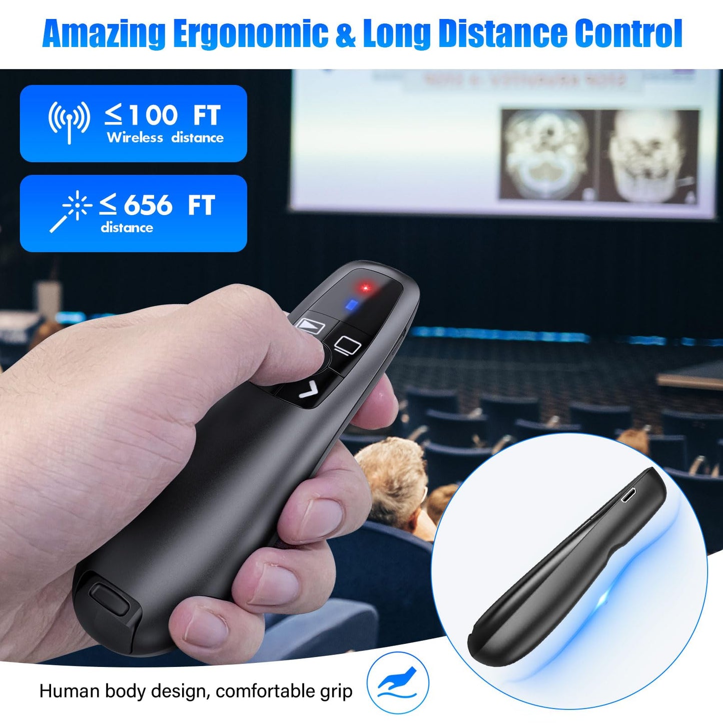 2-in-1 USB Type C Presentation Clicker, Clicker for PowerPoint Presentations, Rechargeable Wireless Presenter Remote, RF 2.4GHz USB PowerPoint Clicker Slide Advancer with Volume Control