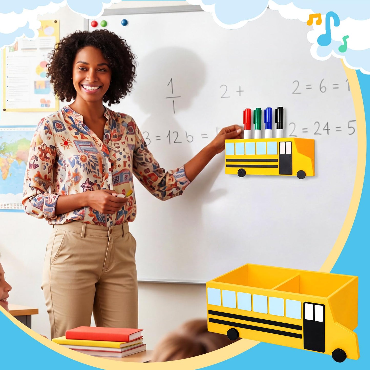 ReliThick Teacher Magnetic Pen Holder Magnetic School Bus Desk Organizer, Teacher Appreciation Gifts, Dry Erase Marker Holder with 4 Strong Magnets, Classroom Decor & Storage Bin