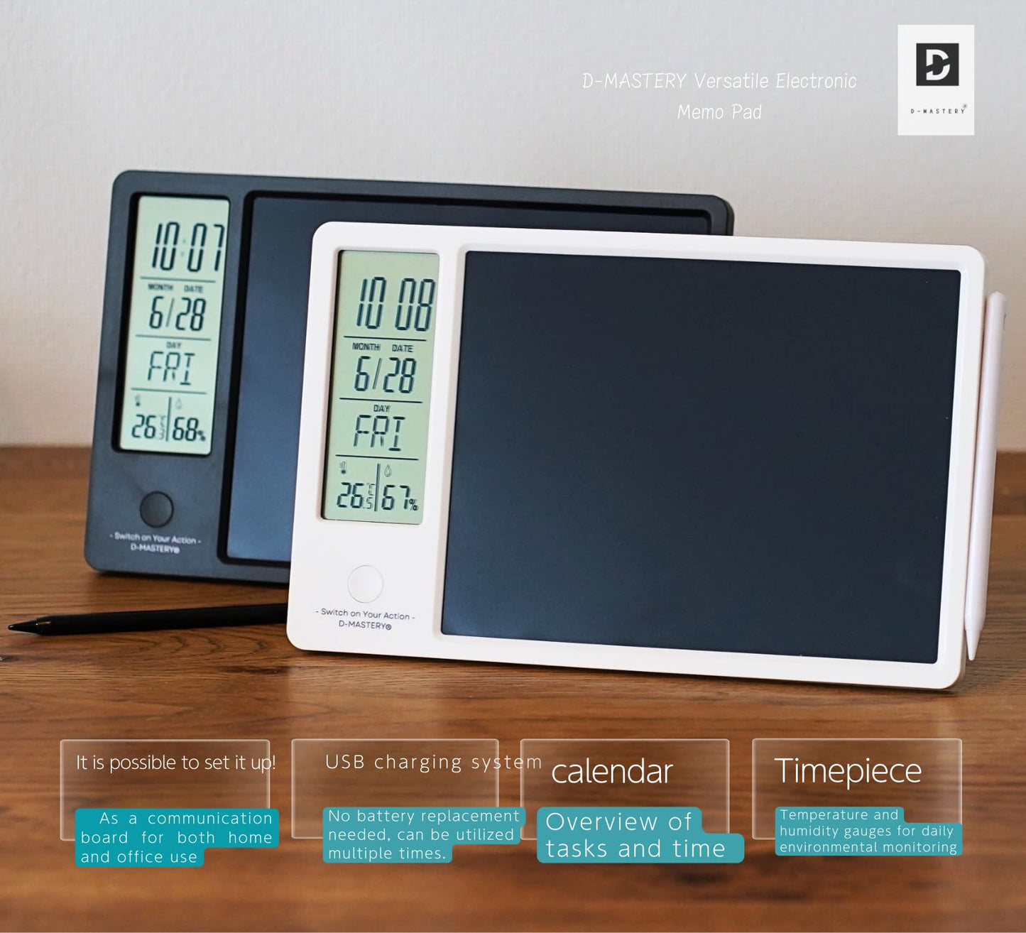 Rechargeable Electronic Memo Pad with LCD Message Board, Thermometer, Hygrometer, Alarm Clock & Desk Calendar – Includes Stand & Magnetic Pen, Ideal for Office Desk or Gift (White)