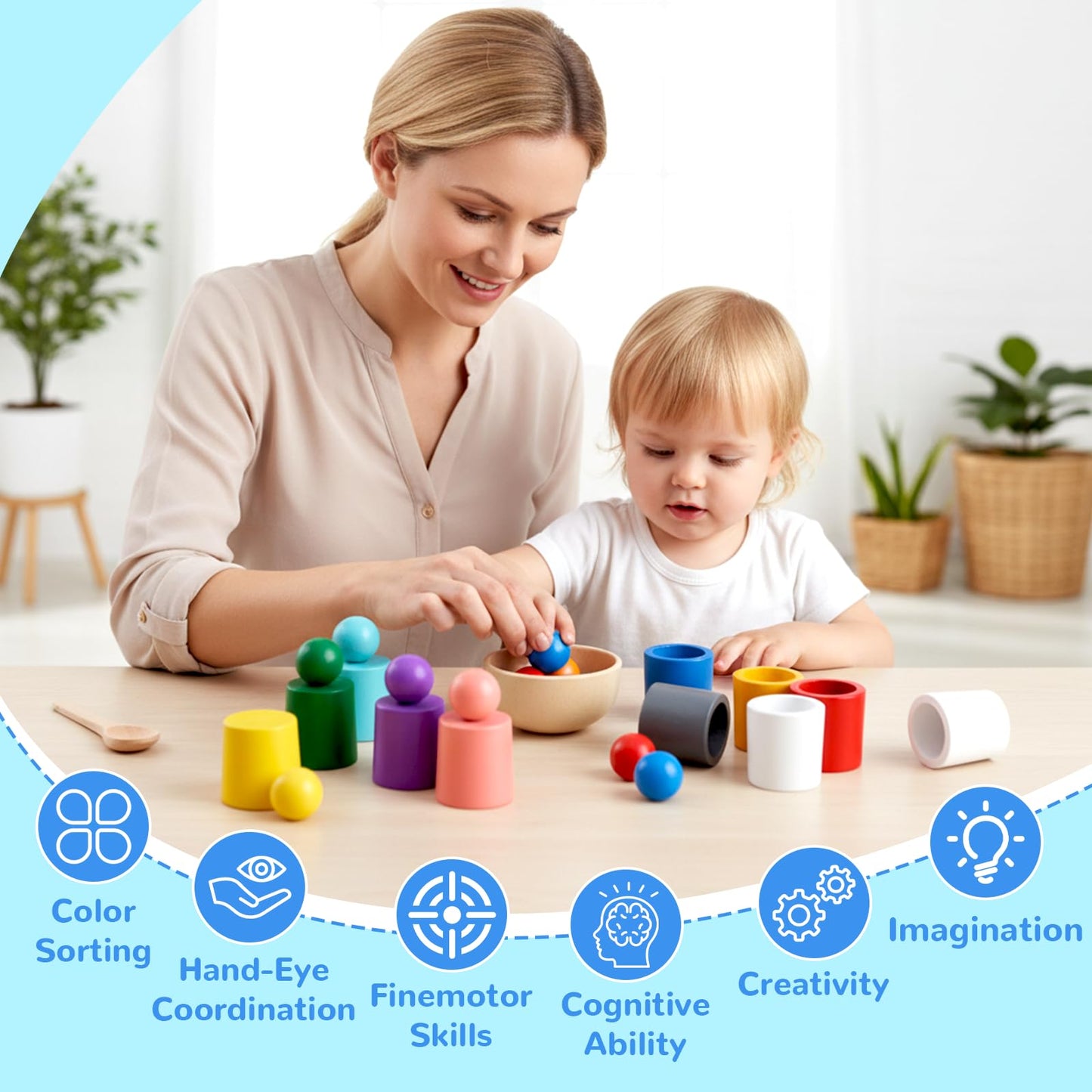 ASFHJP 10 PCS Rainbow Balls in Cups, Mini Wood Classification Cup Game, Rainbow Sorting Balls with Spoon and Tongs, Preschool Learning Educational Montessori Matching Games for 3+ Year Old