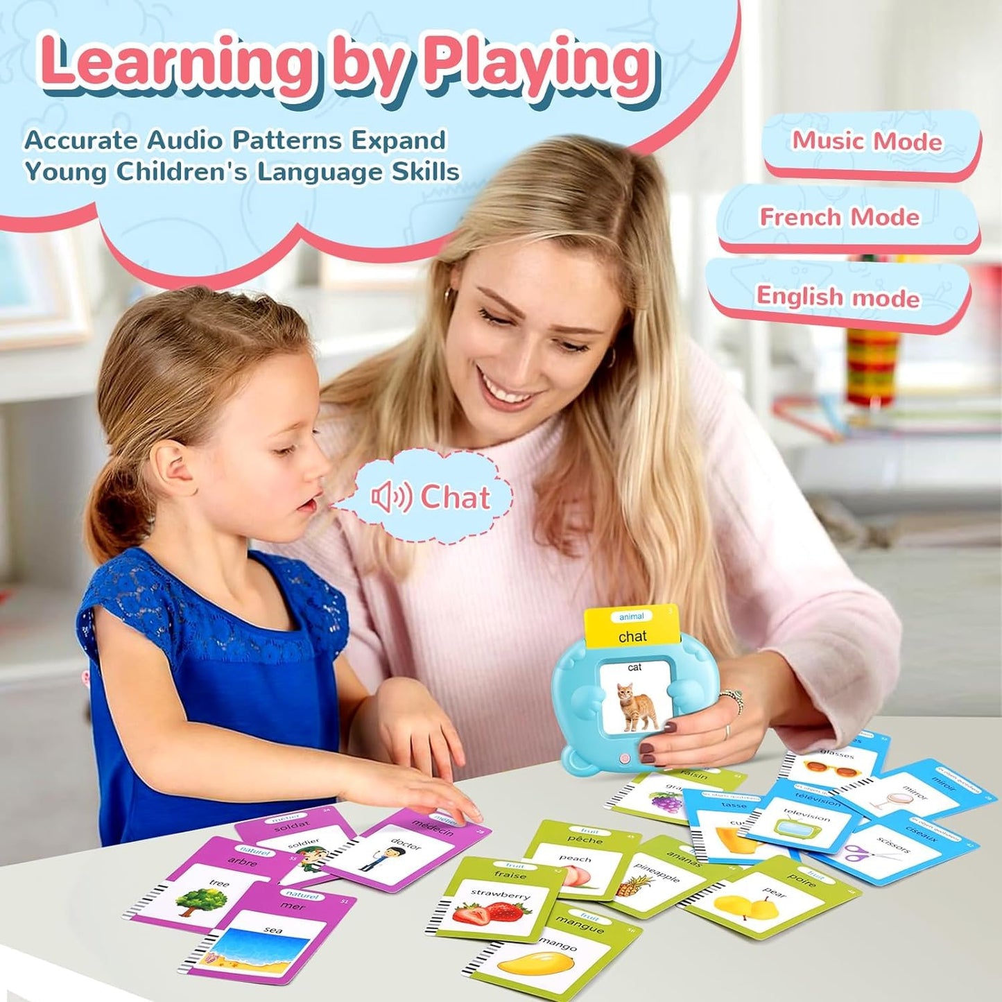 French & English Talking Flash Cards for Toddler, Learning Montessori Toys with 224 Sight Words, Speech Therapy Toys, Children's Sensory Preschool Learning Educational Birthday