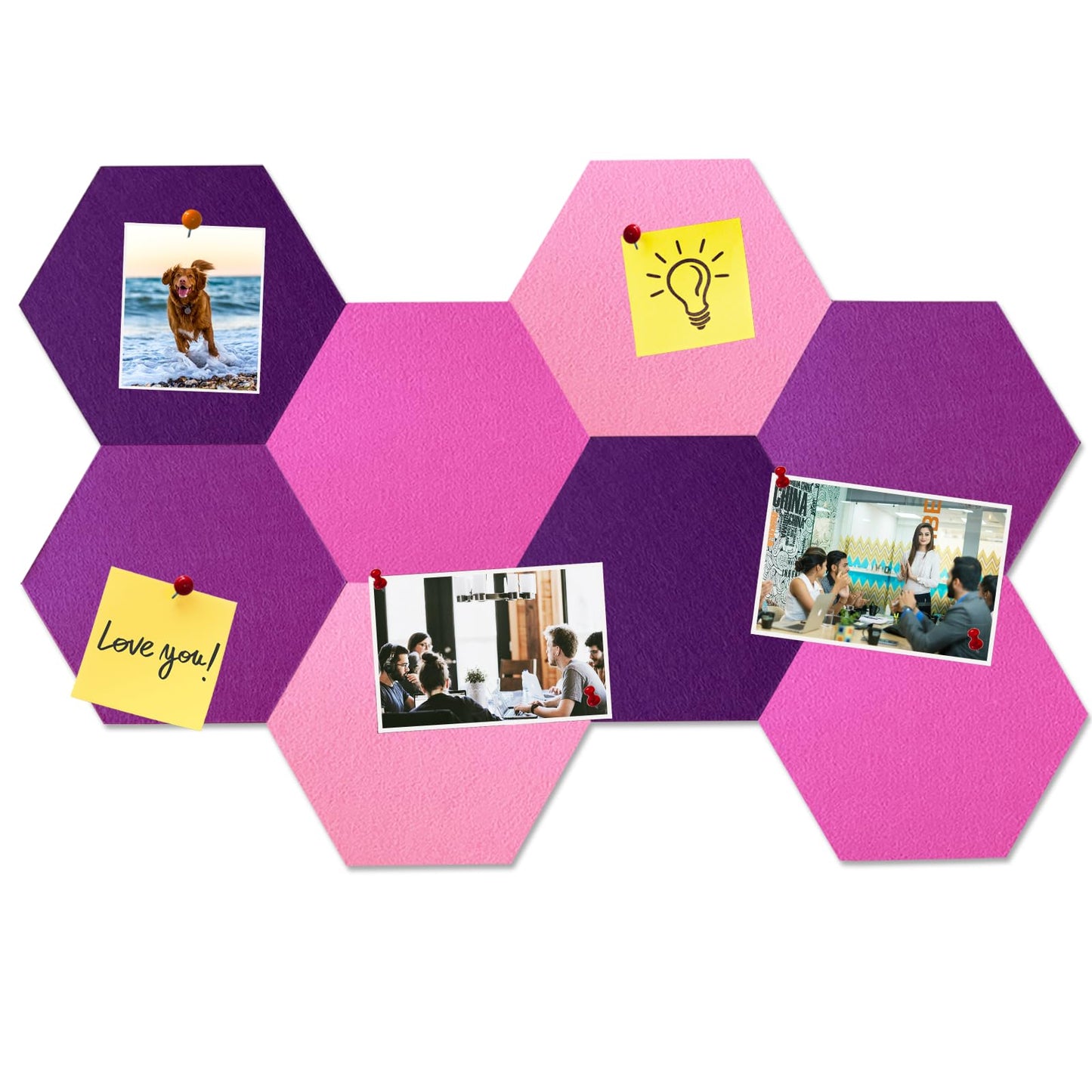 HULAVO Large Hexagon Felt Cork Board Tiles, Self Adhesive DIY Felt Bulletin Board Pin Board with 35 Pushpins for Office School Home Wall Decor Stickers Memos Photos Display(Deep Purple+Pink)