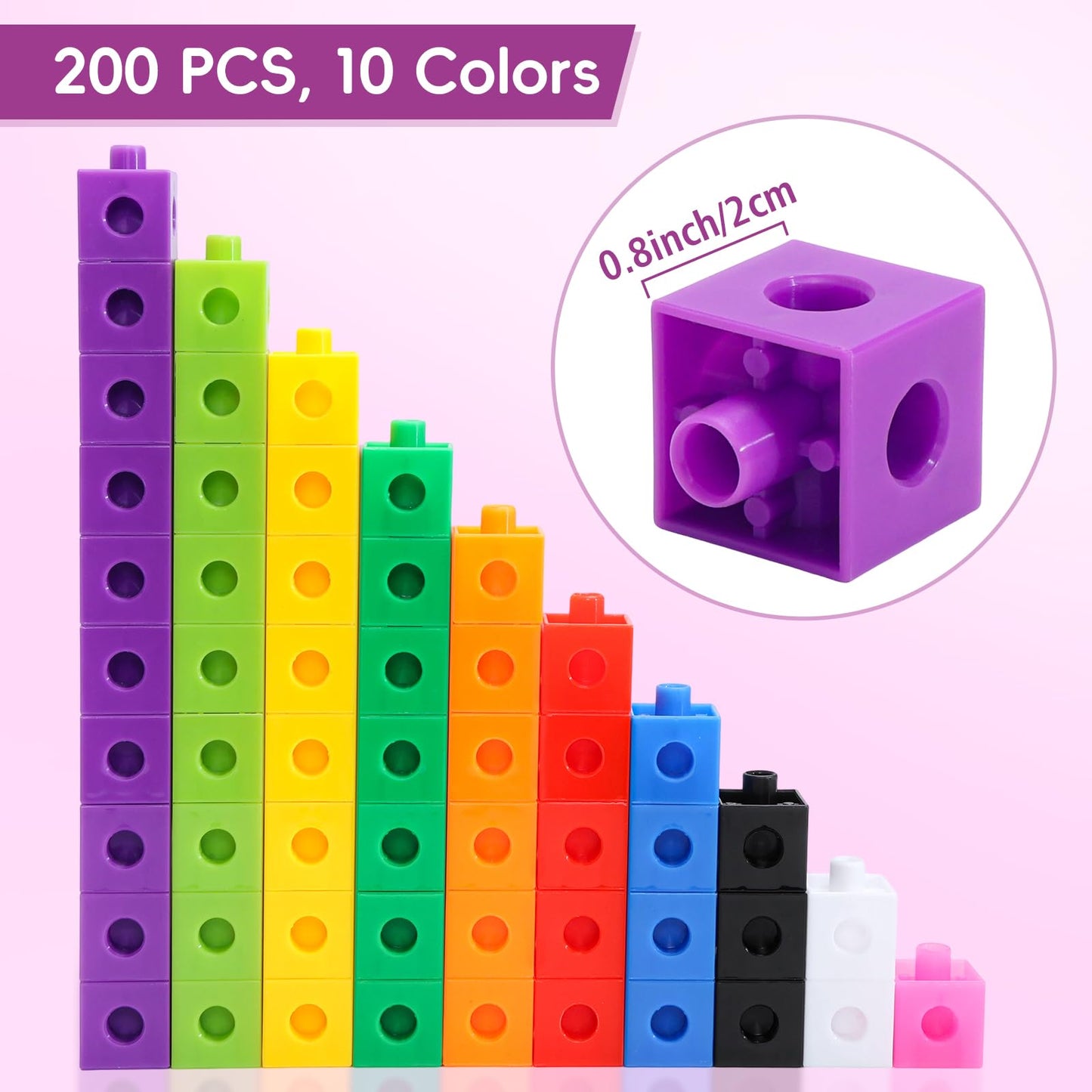 HSDAV 200 Pcs Math Linking Cubes - 10 Colors Connecting Counting Snap Blocks, Math Manipulatives for Early Math & Construction, Educational Toy for Preschool, Kindergarten, Homeschool