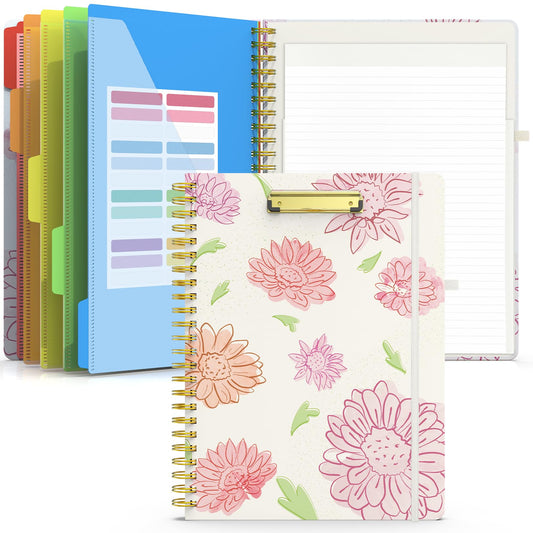 Sooez Clipboard Folio with Refillable Notepad, Folder with 10 Storage Pockets for Letter Size, Spiral Clipboard Notebook, Cute Portfolio for School, Office & Nursing