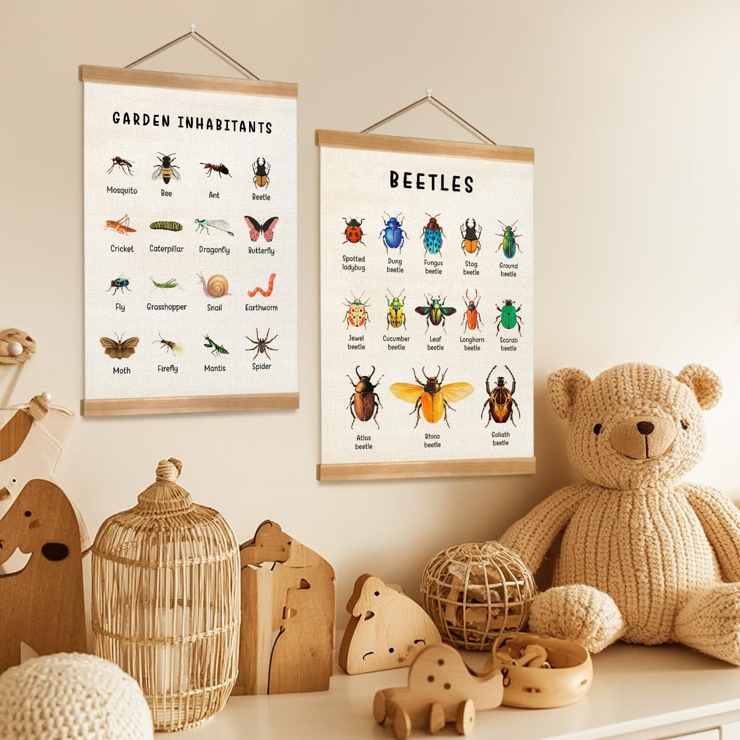 ZTGDA Insect Posters Garden Inhabitants&Beetles Linen Canvas Wall Art with Wooden Frame, Montessori Nature Posters for Classroom Playroom or Homeschool Decor(Set of 2 Insect)