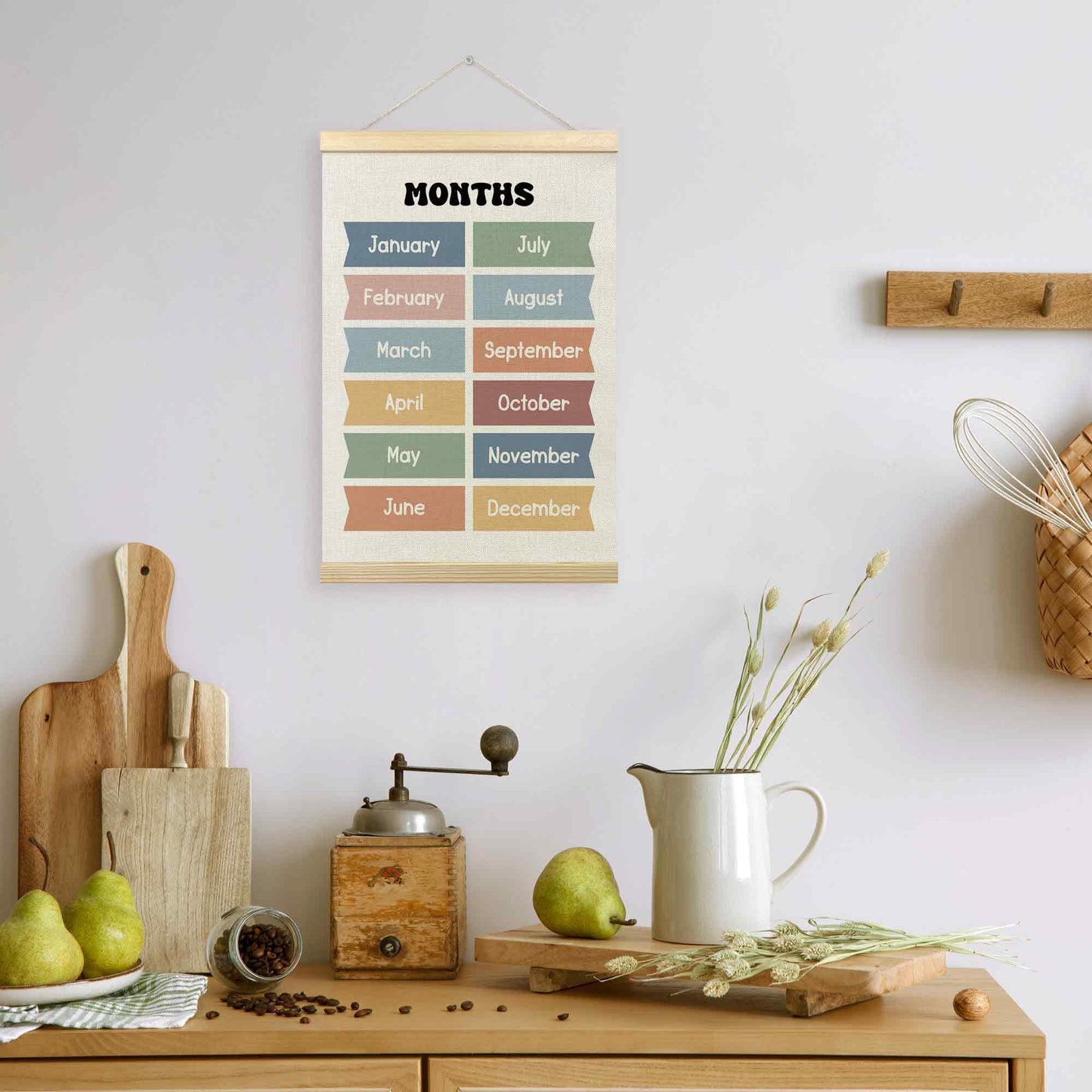 TLESKE Boho Classroom Months of the Year Poster Hanger Frame, Homeschool Hanging Wall Art Decor for Toddler Kids Room Nursery Playroom, Preschool Prek Learning Educational Poster Print Banner, 16x24