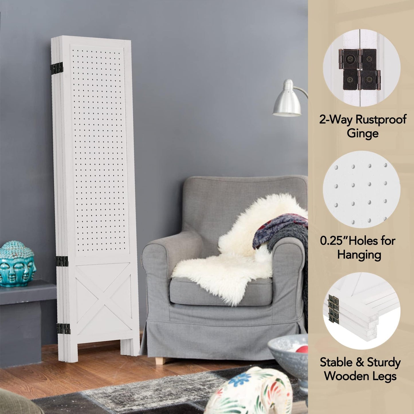 Wnutrees 4 Panel Pegboard Display, 5 Ft Wood Folding Privacy Screens Room Divider, Portable Freestanding Display Board for Craft/Art Shows, Retail, Events, Wall Organizer, Rustic Barnwood, White