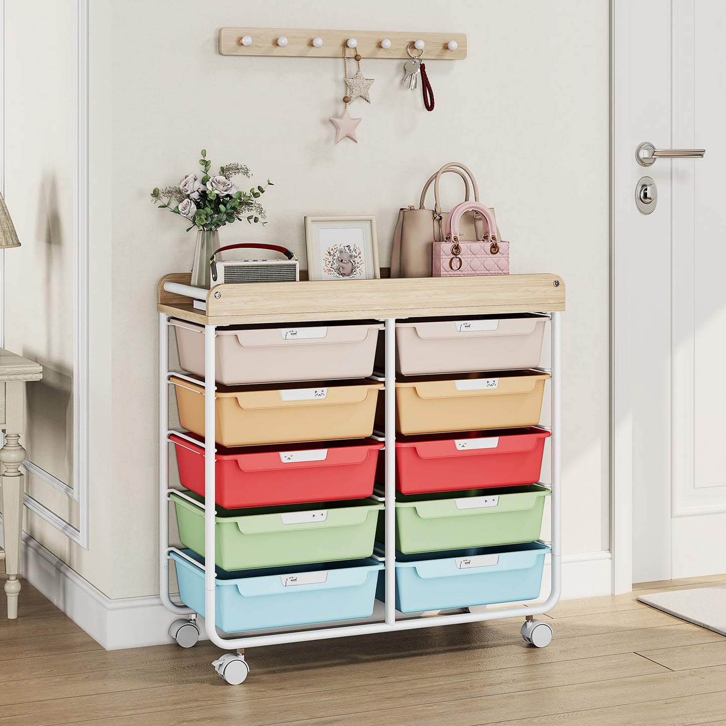 10 Drawers Rolling Cart with Wooden Tabletop, Utility Storage Cart with Wheels, Art Supply Craft Organizer on Wheel with Metal Frame & Handles for Home Office School,Colorful