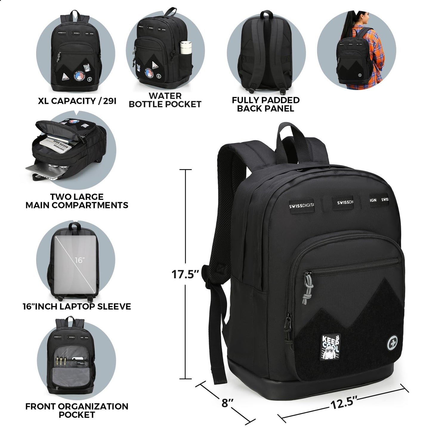 Swissdigital Design Big Student Laptop Backpack with Fun Personalized Patches For College Boy & Girl, Middle High School Teen Bookbag Cool Travel Daypack Black- Includes 3 Patches | SD1718-01