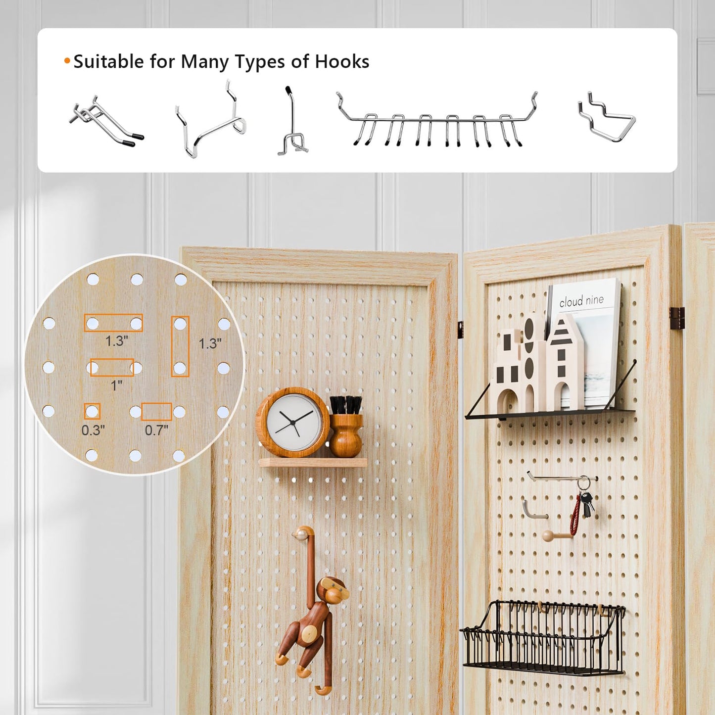 Bonnlo 4/6 Panel Pegboard Freestanding, 5 FT Portable Display Board Organizer for Craft Show Jewelry, Wooden Folding Privacy Screen Room Divider (Natural, 6 Panel with Base)