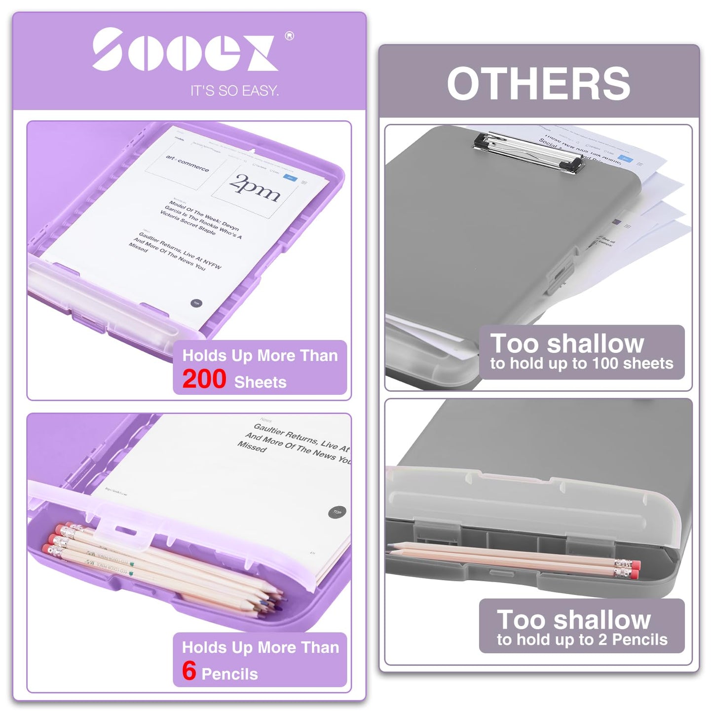 Sooez Clipboard with Storage, High Capacity Nursing Clipboard with Pen Holder, Clip Boards 8.5x11 with Storage, Low-Profile Clip, Lightweight Plastic Clipboard for Teachers, Lawers, Office Workers