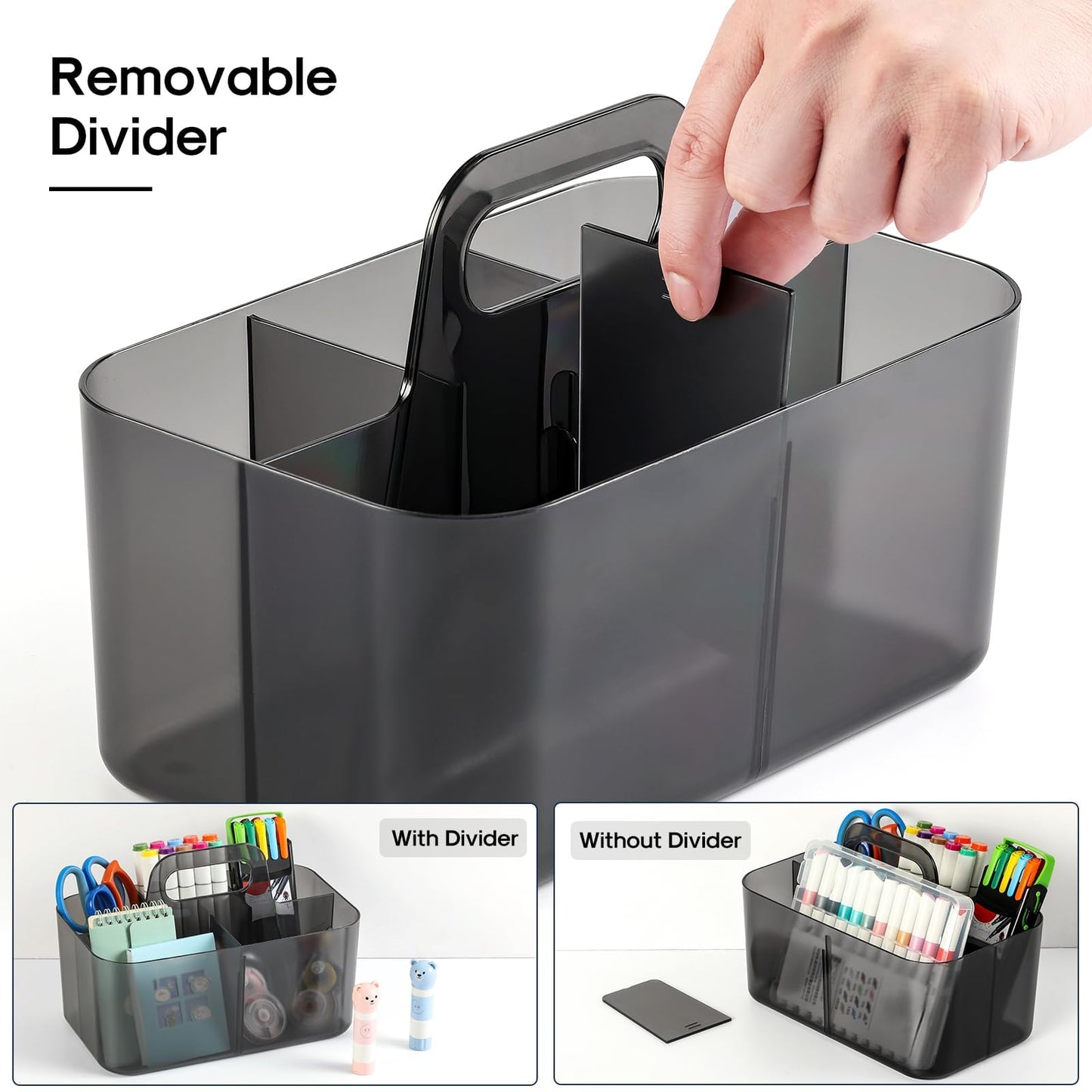 Multiuse Caddy Organizer with Handle, Portable Plastic Tote Bin - Art Craft, Stationary Pen Marker Crayons, Makeup Hair Supplies Storage - Bathroom, Classroom, Dorm, Office, Desk Holder - Clear Black