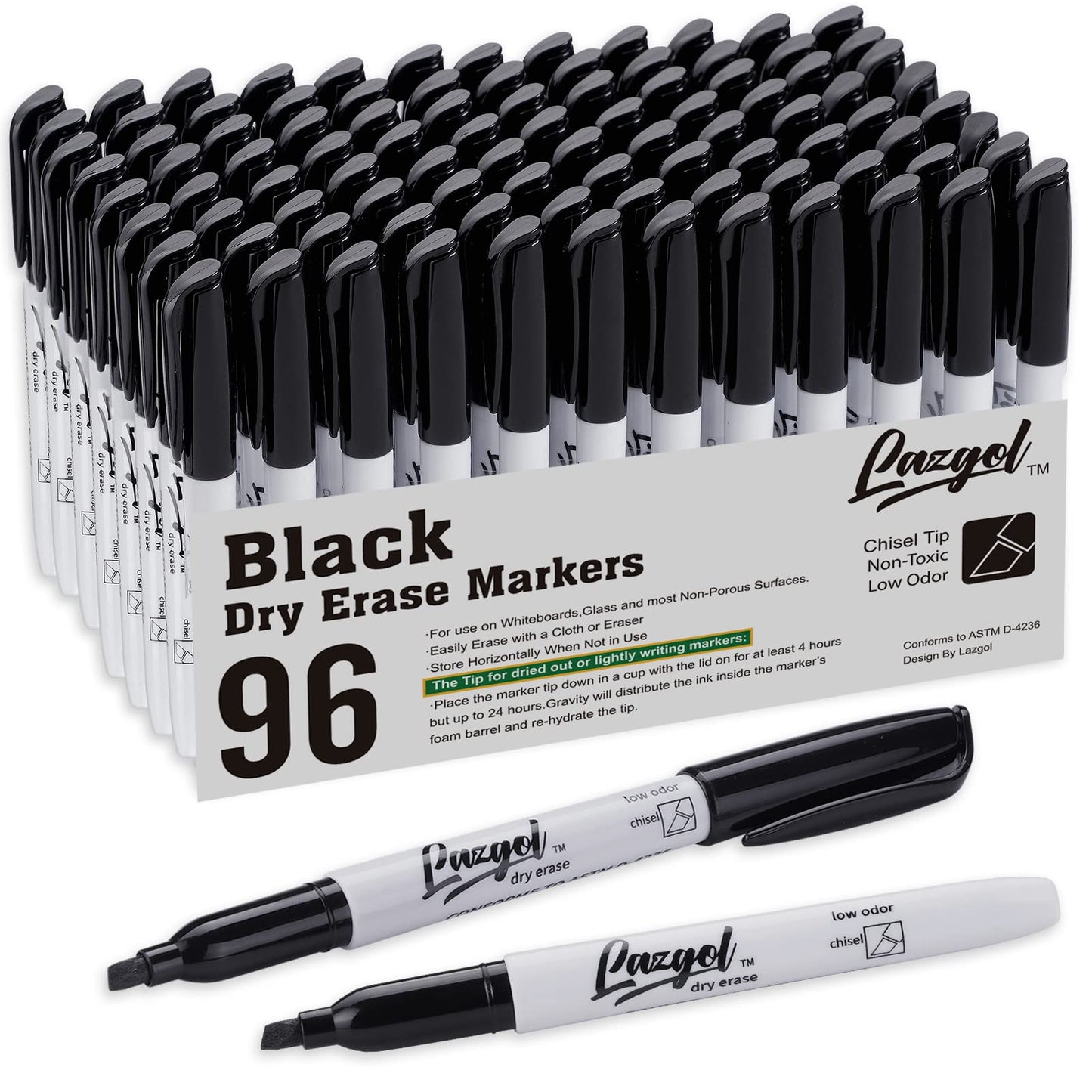 LAZGOL Dry Erase Markers Bulk, 96 Pack Black Dry Erase Markers Chisel Tip, Low Odor Whiteboard Markers for School, Office Supplies, Perfect for Writing on White Board, Mirror,Calender