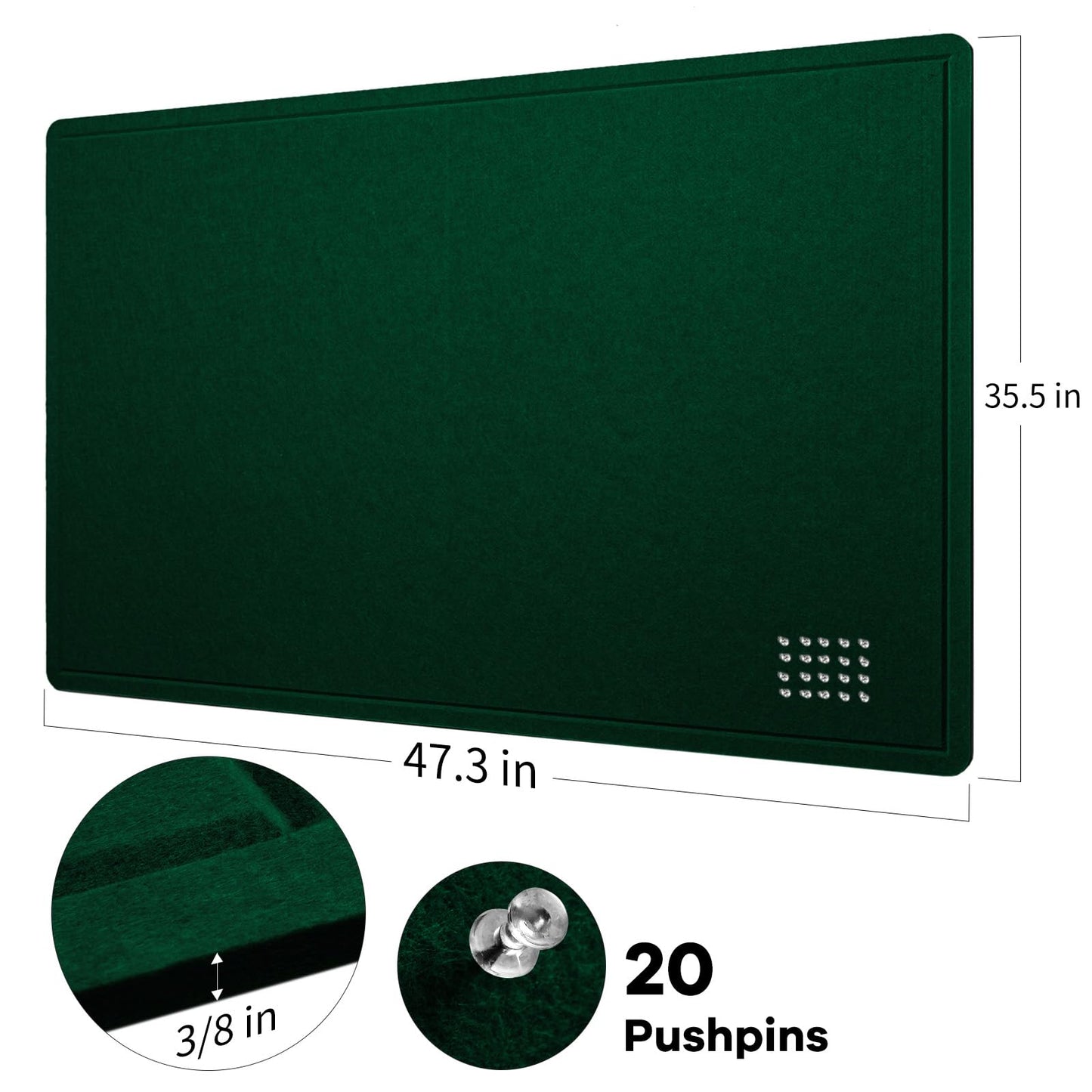 Lightomorrow Large Bulletin Board - 48 x 36 Inches, Decorative Felt Pin Board for Wall - 4' x 3' Foldable Photo Display Board with Self-Adhesive Tape, Includes 20 Push Pins - Dark Green