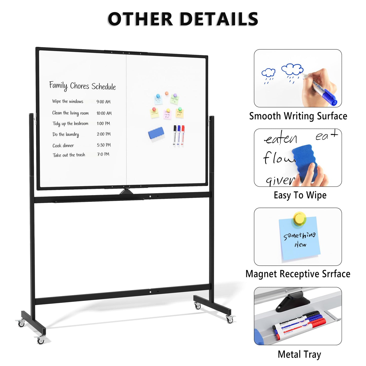 Large Rolling Whiteboard on Wheels, 48" x 36" Double-Sided Mobile White Board with Stand, 4' x 3' Portable Standing Magnetic Dry Erase Board Easel for Home Office Classroom School, Black
