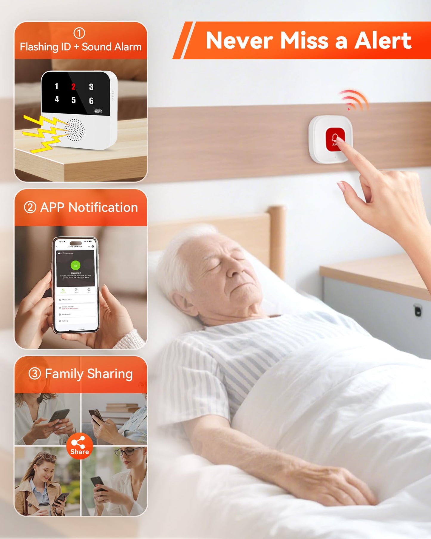 PILSAMAS Wireless Caregiver Call Button System - Dual Hub, Multi-Location Alarm, Dsiplay Caller ID & App Alert, No Monthly Fee, 4 IP65 Panic Buttons, Emergency Alert for Elderly at Home/Nursing Homes