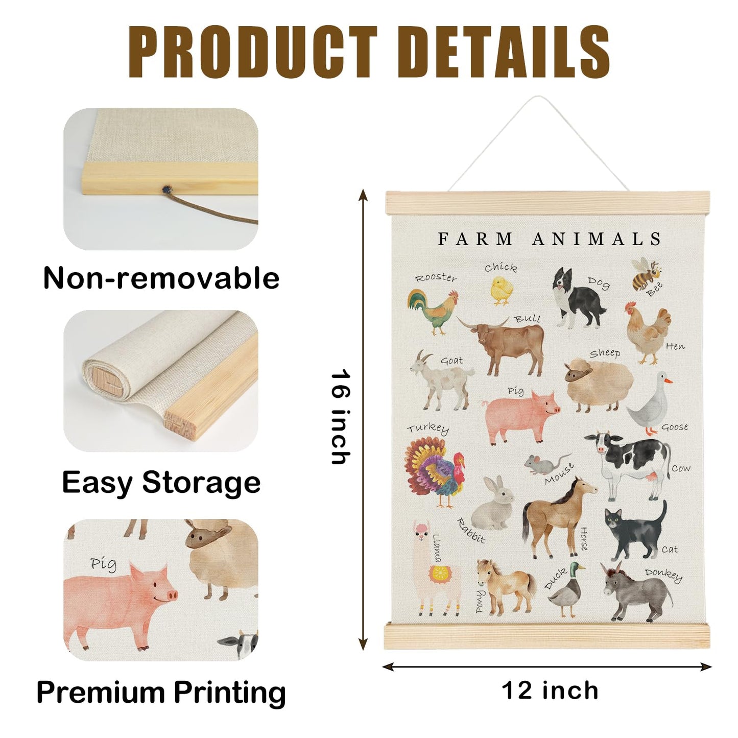 Nrleey Farm Animals Wall Art - Farm Animal Nursery Educational Poster Hanger Frame, Farm Nursery Decor, 12x16 Inches