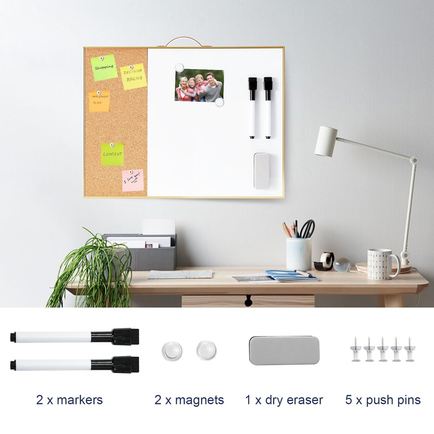 Small Cork Board Whiteboard Combo - 12" X 16" Portable Aluminum Gold Framed Magnetic Dry Erase Board for Wall, Mini Bulletin CorkBoard with a Handle for Office, Home and School