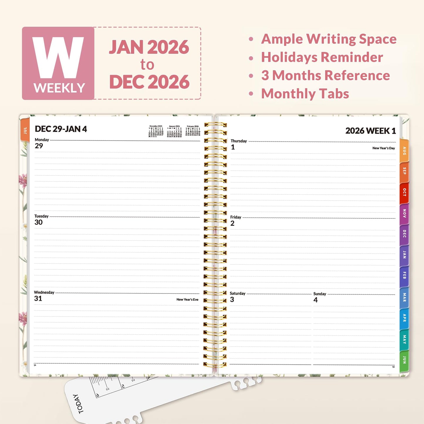 SUNEE 2026 Weekly and Monthly Planner - from January 2026 - December 2026, Daily Agenda Planner with Monthly Tab, Flexible Cover, Note Pages, Pockets, Bookmark, Spiral Binding, Wildflowers, 8.5"x11"