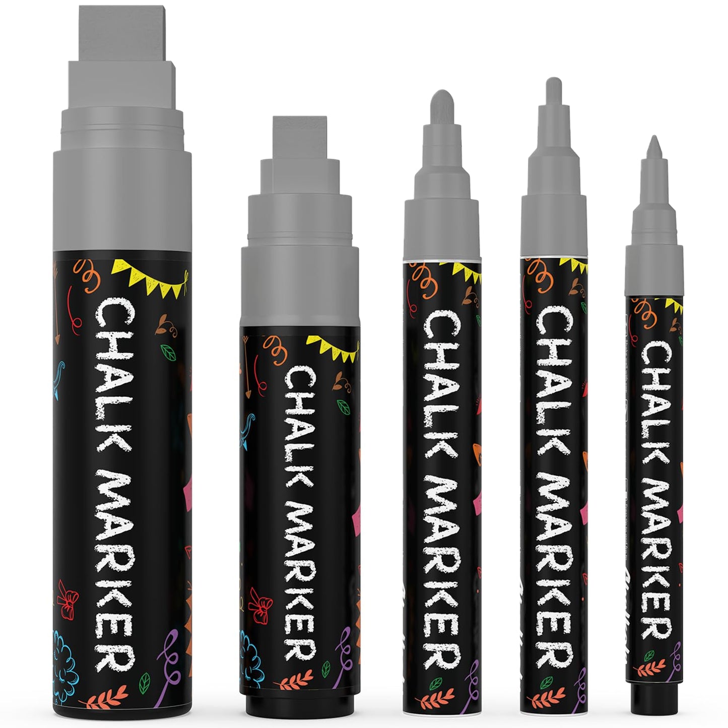 Chalkola 5 Grey Chalk Markers - Dry Erase Markers for Blackboard, Chalkboard Signs, Windows, Glass, Car | Variety Pack - Chalkboard Chalk Pens, Fine & Jumbo Size Ink Pen (1mm, 3mm, 6mm, 10mm, 15mm)