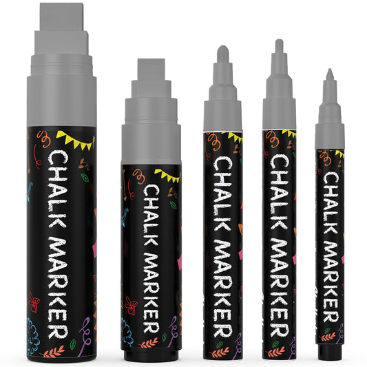 Chalkola 5 Grey Chalk Markers - Dry Erase Markers for Blackboard, Chalkboard Signs, Windows, Glass, Car | Variety Pack - Chalkboard Chalk Pens, Fine & Jumbo Size Ink Pen (1mm, 3mm, 6mm, 10mm, 15mm)