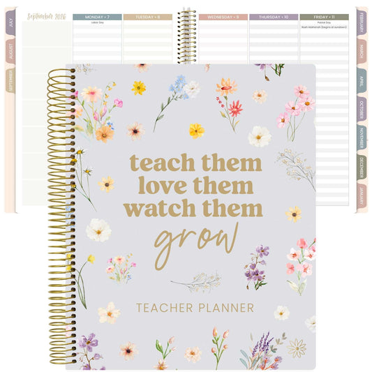 bloom daily planners New Undated Academic Year Teacher Planner & Calendar with Frosted Protective Cover - 7 Period Lesson Plan Organizer Book (9" x 11") - Teach Them Love Them
