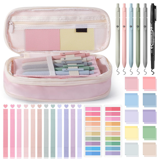 KOUDGY 49Pcs Book Annotation Kit - Aesthetic School Supplies with Cute Pen Case Highlighters Gel Pens and Marker, Sheets Transparent Index Tabs Sticky Notes Bible Study Supplies (Pink)