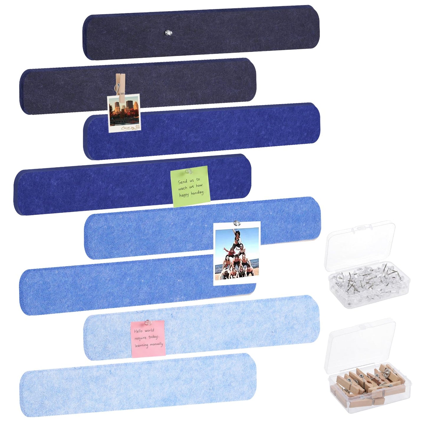 Thboxes 8 Pack Felt Bulletin Board Strips, 13x2 Inch Self Adhesive Felt Pin Boards with 50 Pushpins and 10 Wooden Clips Push Pins, Cork Board for Walls Home Office Decor(Serene Blue Mist)