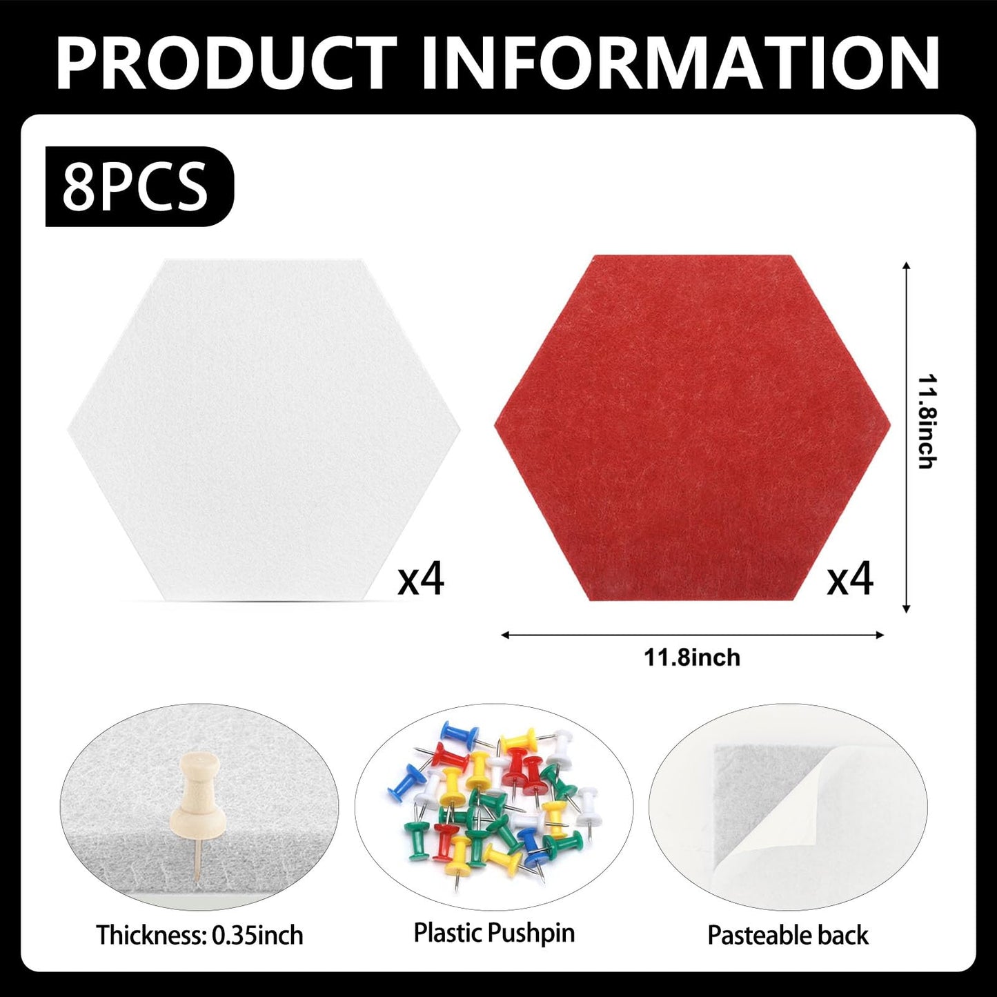 8 Packs White Red Hexagon Felt Pin Board, 12" Bulletin Board with 30 Push Pins, Felt Board for Home Kitchen Office Decor, Self-Adhesive Corkboard Tiles for Walls Message Photos Memos Display