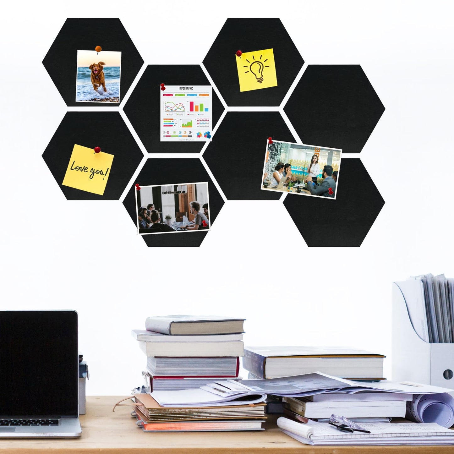 HULAVO Large Hexagon Felt Cork Board Tiles, Self Adhesive DIY Felt Bulletin Board Pin Board with 35 Pushpins for Office School Home Wall Decor Stickers Memos Photos Display(Black)