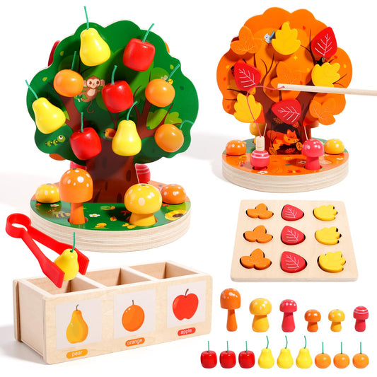 INIFEIDALA Montessori Toys for 3 4 5 6 Year Old - Wooden Educational Toy for Toddlers,Shape Sorting Puzzle for Fine Motor Skills,Apple Picking Magnetic Tree Toy,Hand-Eye Coordination,Color Recognition