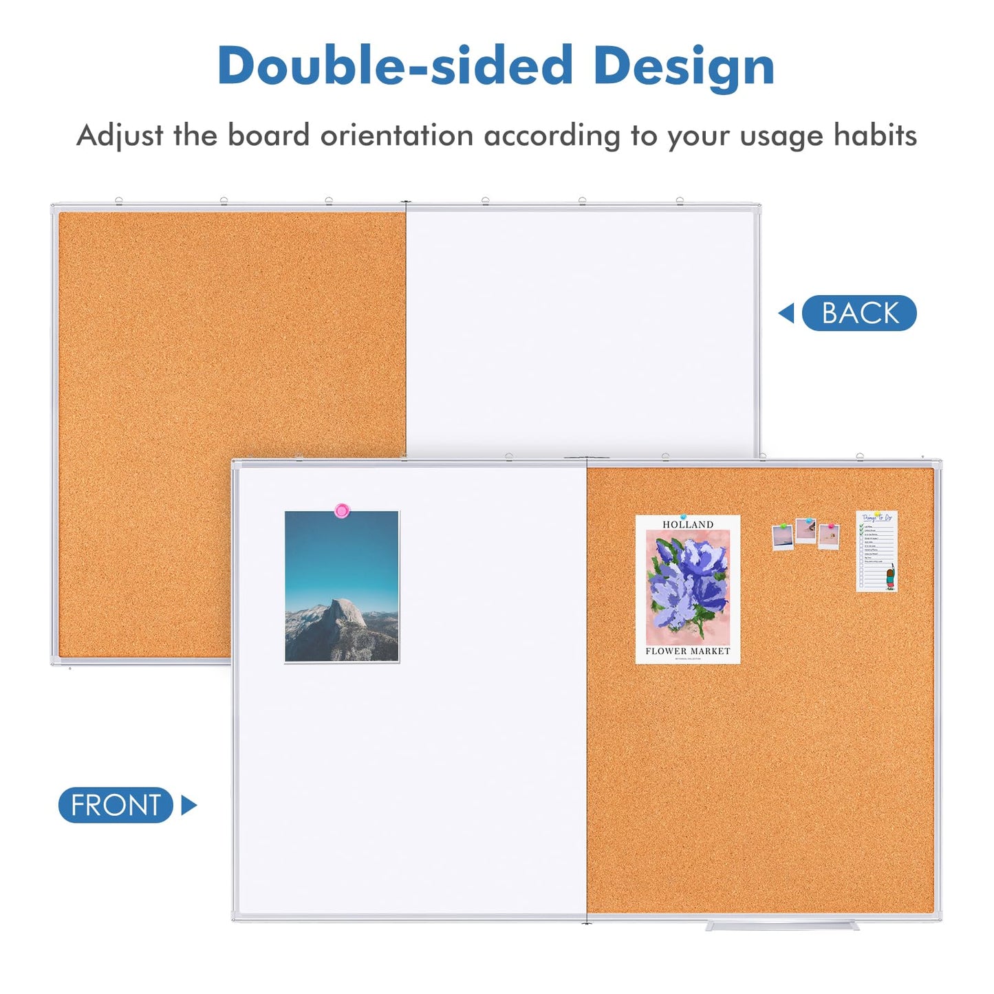Magnetic White Board and Cork Board Combo, 48 X 36 inches Whiteboard Bulletin Combination Board, Wall Mounted Dry Erase Message Board for Home, School and Office