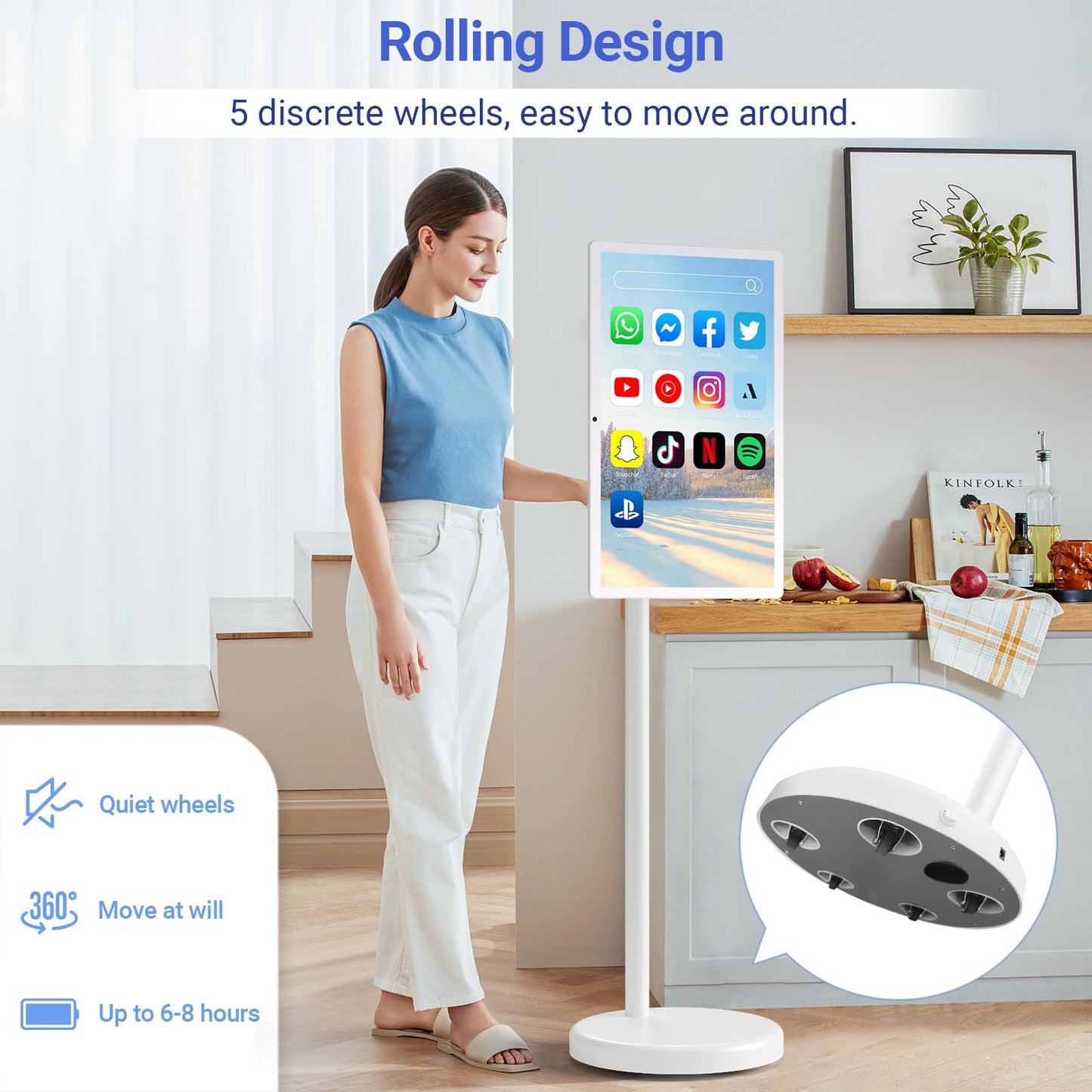 WinTang 22-Inch Portable TV on Wheels, 1080p Portable Touch Screen Monitor, EDLA-Certified, Smart Rolling TV Built-in 13MP Camera, Built-in Battery Operated TV | Android 15 | 6+128G