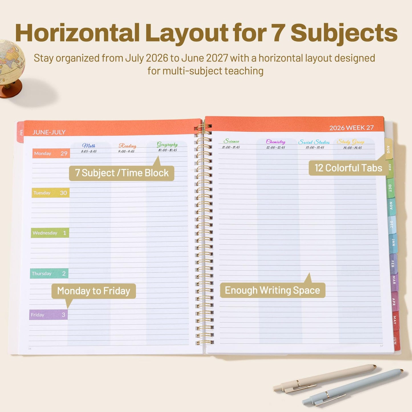 SUNEE Teacher Planner 2026-2027 Academic Year, 7 Periods Lesson Plan Book Jul 2026 - Jun 2027, 8.5"x11"Daily Weekly Monthly Organizers Horizontal Layout with Calendars, Bookmark, Tabs, Colorful Pen