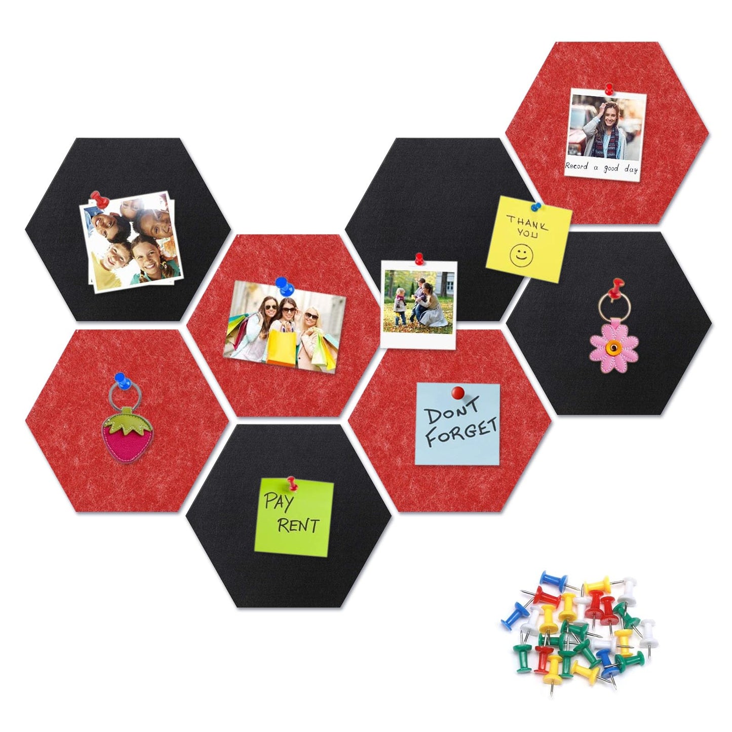 8 Packs Black Red Hexagon Felt Pin Board, 12" Bulletin Board with 30 Push Pins, Felt Board for Home Kitchen Office Decor, Self-Adhesive Corkboard Tiles for Walls Message Photos Memos Display