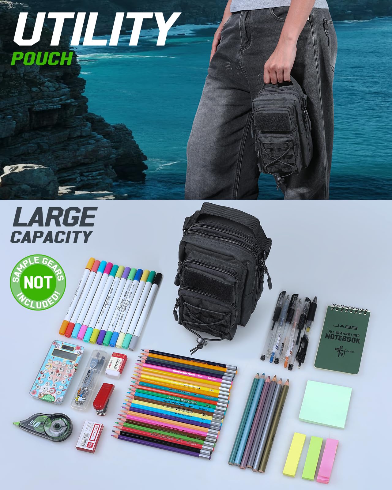 RXW Large Capacity Pencil Pouch for Boys, Tactical EDC Zippered Pencil Bag, Small Tool Pouch for Adults (includes US Flag Patch + 2 MOLLE Straps) (Black)