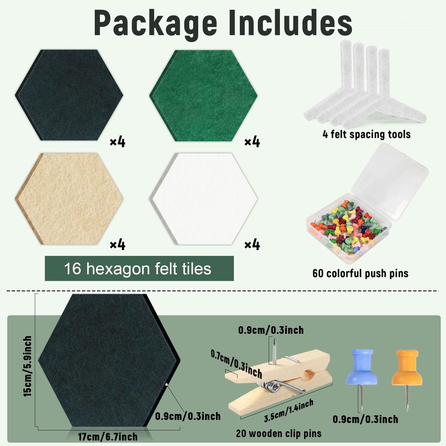 16Pcs Hexagon Felt Cork Board Tiles Self Adhesive Hexagon Wall Tiles with 60 Push Pins 20 Wooden Clips DIY Bulletin Board Pin Boards for School Office Home Photos Memos Display (Green Brown)