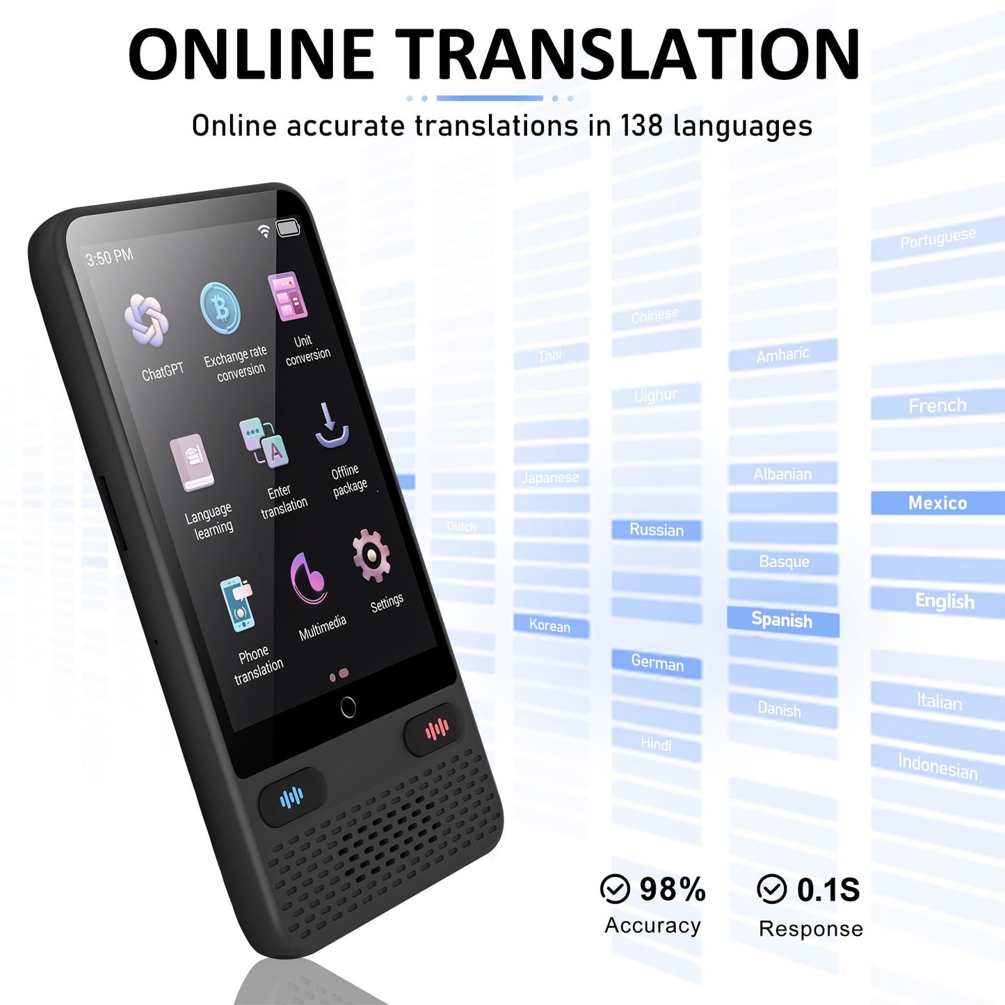 Language Translator Device,2024 Latest Two-Way Language Translator in 138 Languages, Online/Offline/AI/Voice/Photo Translation, Standy 240H, Portable Instant Translator for Business,Study & Travel