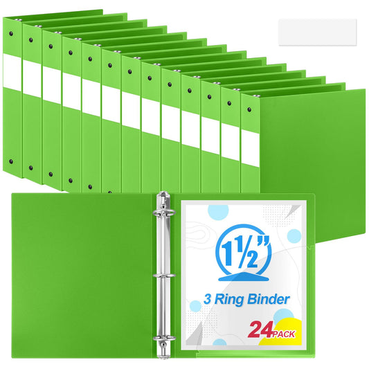 Henoyso 24 Pcs Tender Green 1.5" 3 Ring Plastic Binder Bulk, 1 1/2 Inch Soft Flexible Binders Round Rings, Fits Letter Size 8.5'' x 11'' Paper, Holds 350 Sheets, for School Office (1.5 Inch)