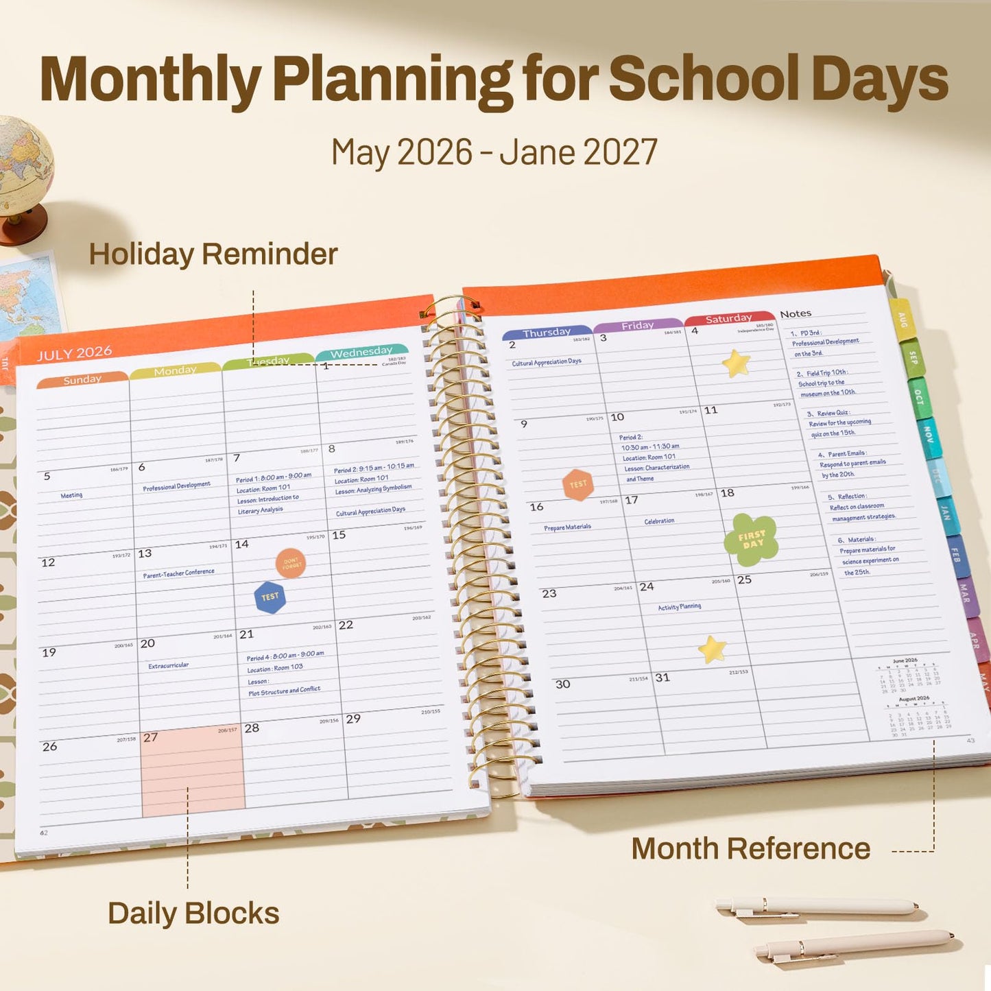SUNEE Deluxe Teacher Planner 2026-2027, Lesson Planner Book with 7 Periods Jul 2026 - Jun 2027, 8.5" x 11" Weekly and Monthly Organizers with Colorful Tabs, Planning Stickers,120gms Paper,Retro Floral