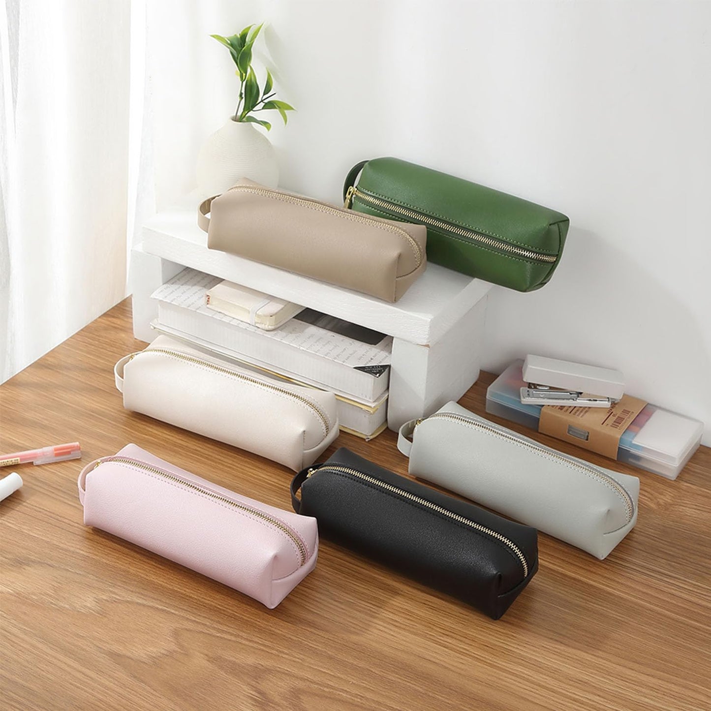 YONBEN Pencil Case Soft School Pencil Pouch Bag for Easy Carry Stylish and Durable (Beige,Faux leather)