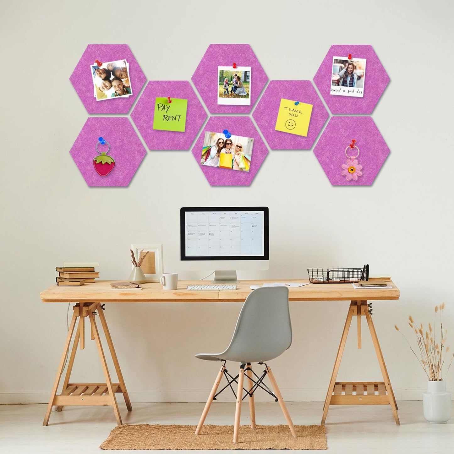 8 Packs Fuchsia Hexagon Felt Pin Board, 12" Bulletin Board with 30 Push Pins, Felt Board for Home Kitchen Office Decor, Self-Adhesive Corkboard Tiles for Walls Classroom Message Photos Memos Display