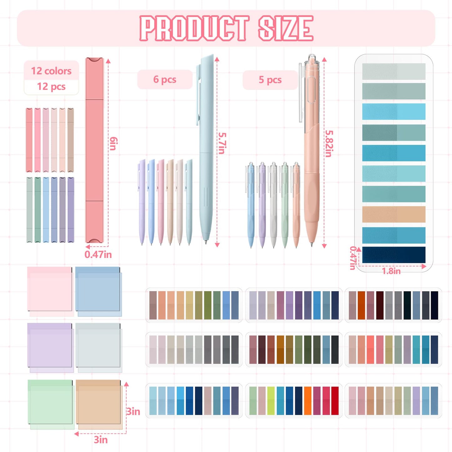 Trandraft 135 Pcs Book Annotation Kit Aesthetic Pencil Case Bag 12 Highlighter 11 Gel Pen 1 Marker 300 Sheet Transparent Sticky Notes Pad 2640 Index Stickers Bible Study Supplies (Kawaii,Pink)
